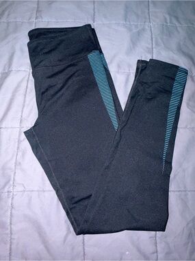 Fabletics Black Leggings with Teal Stripe Detail